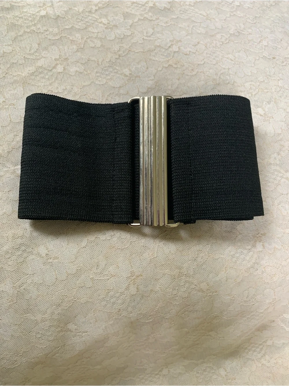 Black Elastic Stretch Waist Belt with Retro Silver Interlocking Clasp Buckle